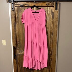 SHEIN Pink V-Neck High-Low Tiered Midi Dress